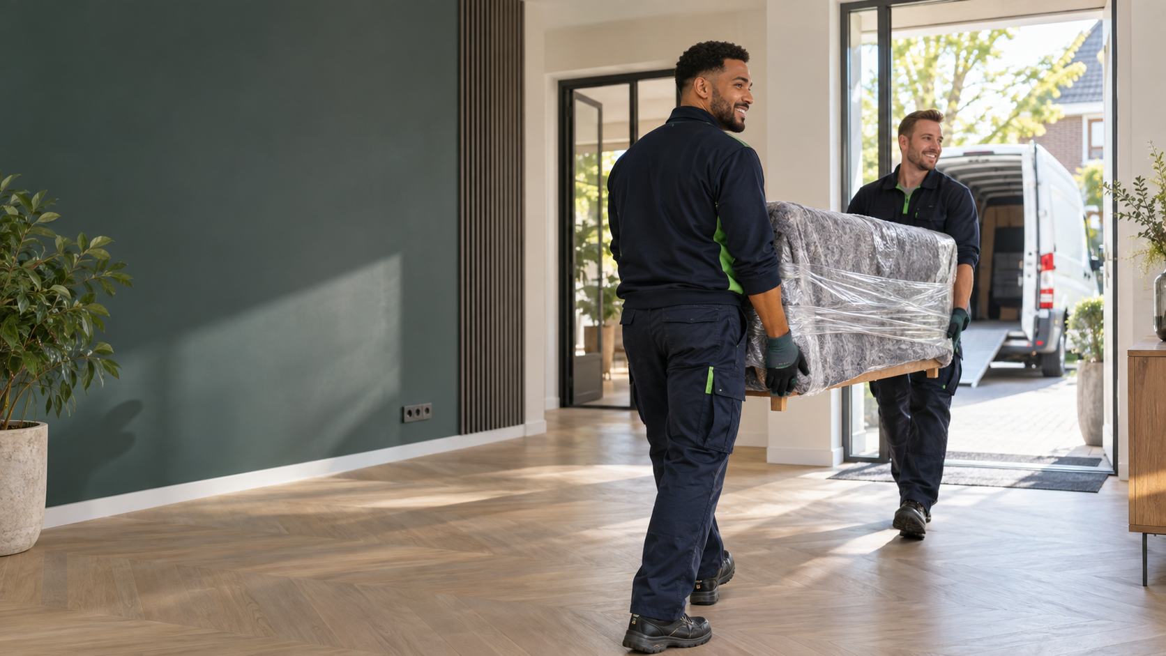 Medewerkers maken een woning zorgvuldig leeg voor oplevering